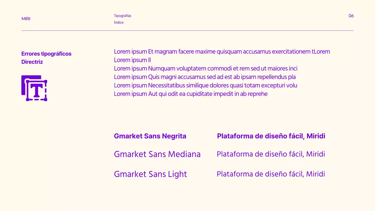 Directrices de la marca con acentos de texto limpio en morado y limón.