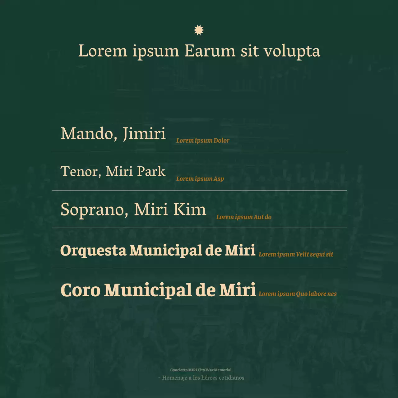 Un limpio anuncio de concierto orquestal en fuente serif con lujosos tonos beige y verde oscuro