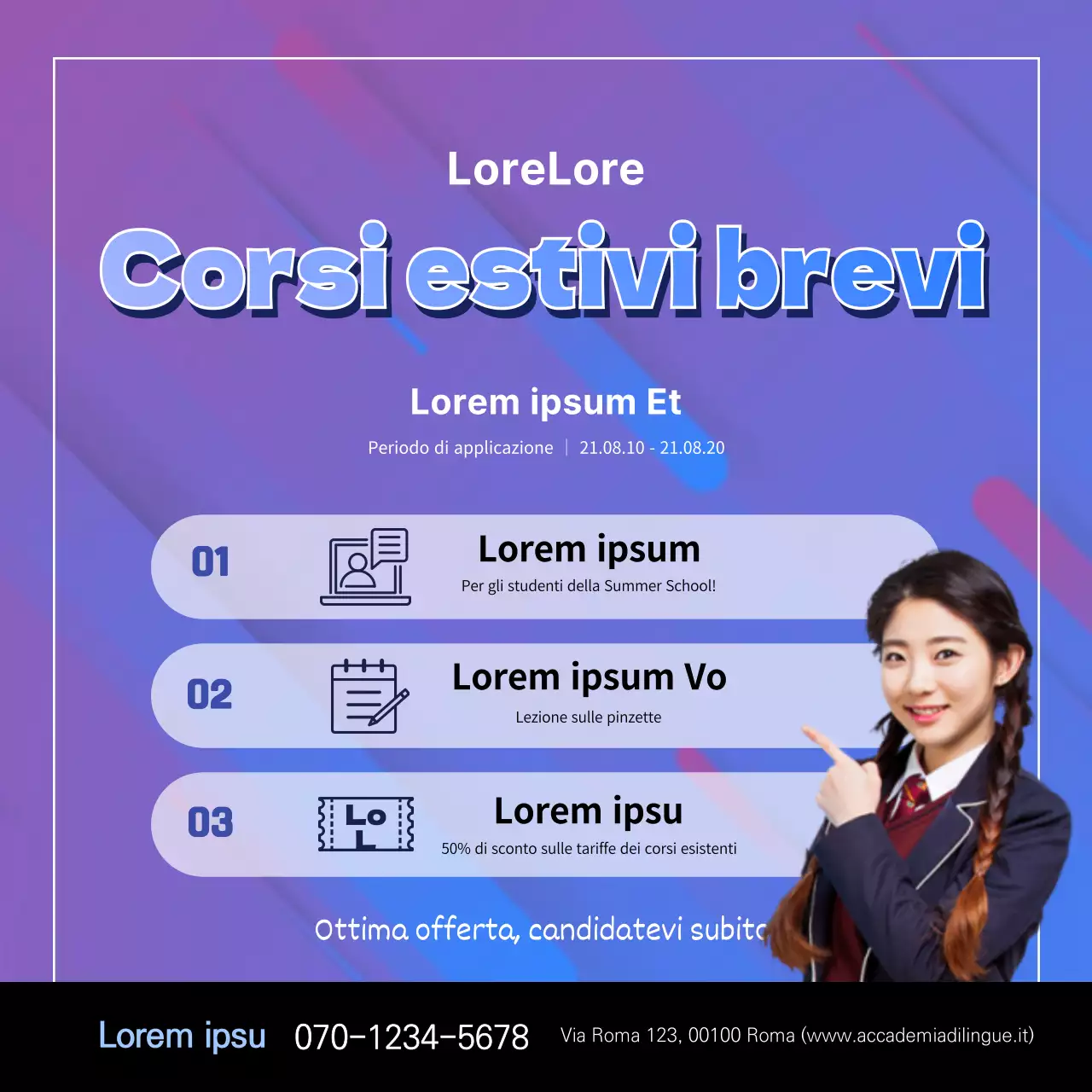 Striscione quadrato per una classe speciale di un'accademia con un ritratto nei toni del viola