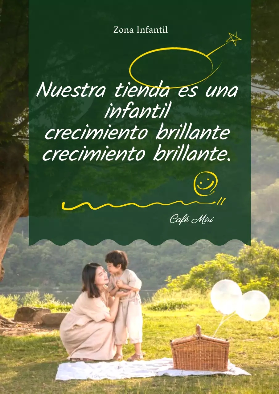 Cartel promocional de la zona infantil del café, resaltada en verde.