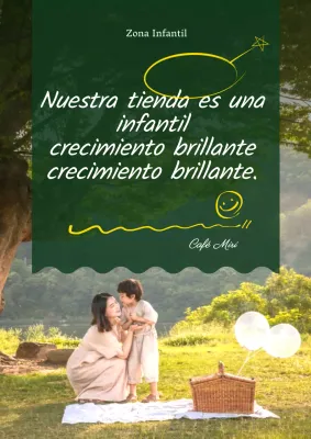 Cartel promocional de la zona infantil del café, resaltada en verde.