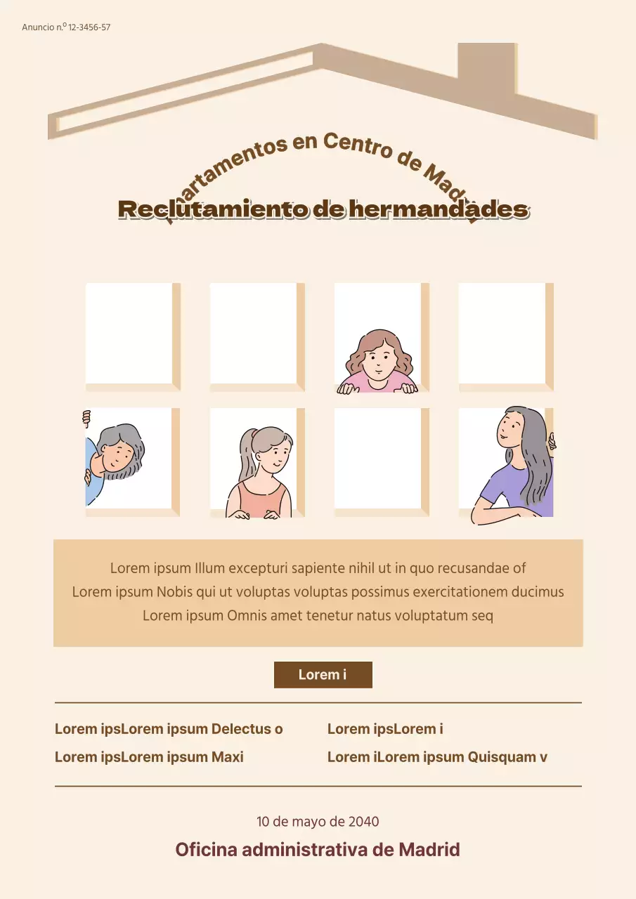 Un anuncio de reclutamiento para una hermandad de apartamentos beige-marrón.