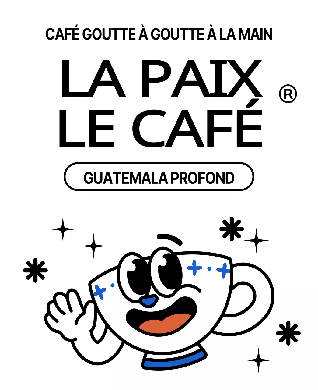 Illustrations de personnages avec des grains de café et une tasse de café bleue et rouge.