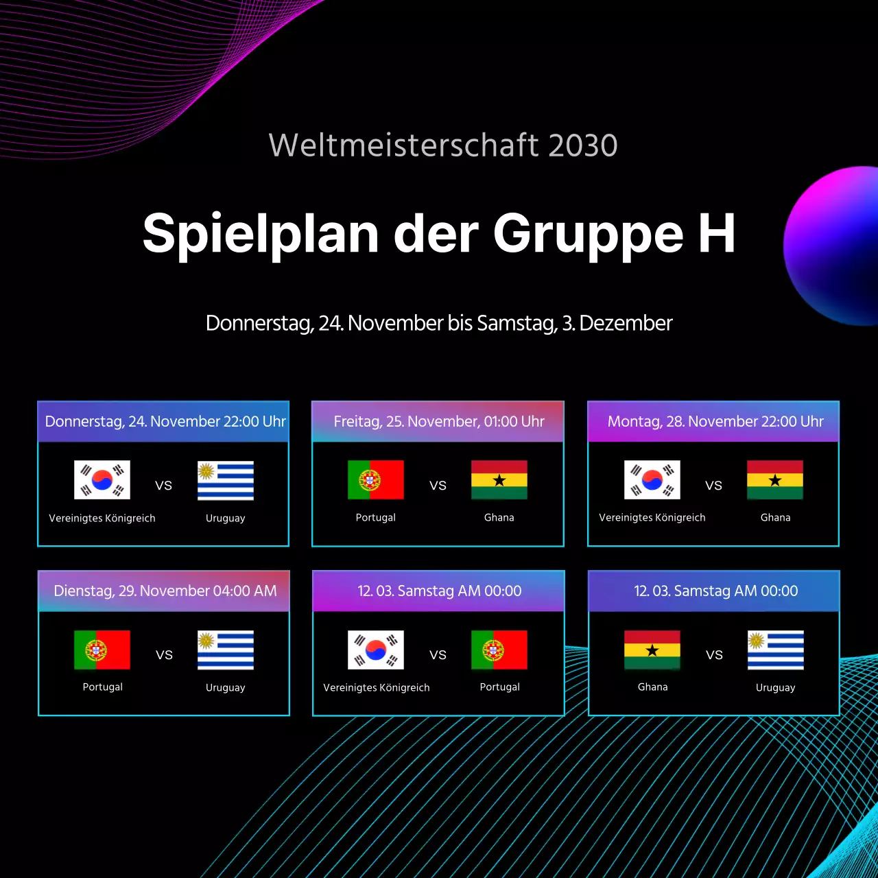 Spielplan mit Liniengrafik auf schwarzem Hintergrund