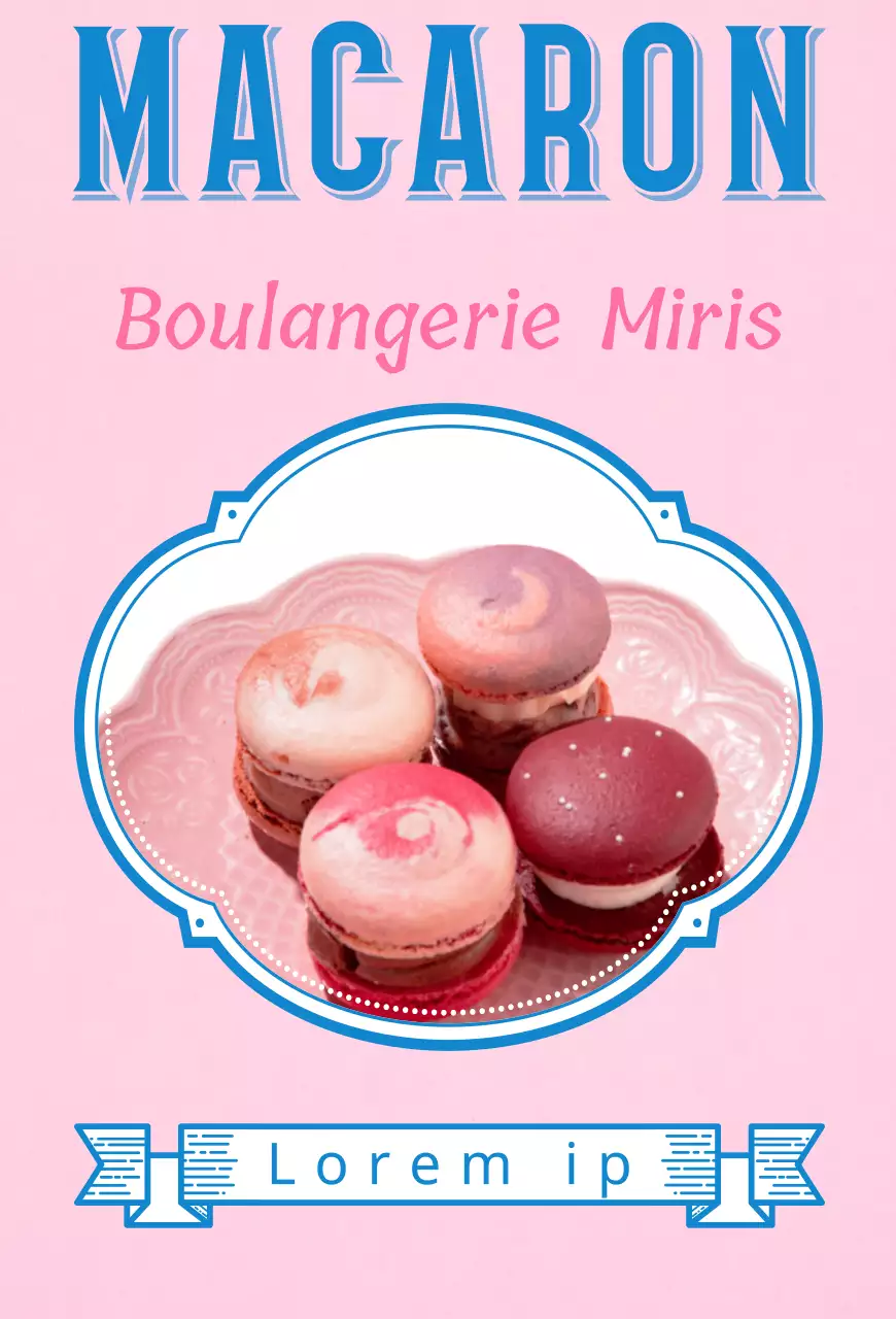Macaron cafe avec un titre rose et bleu