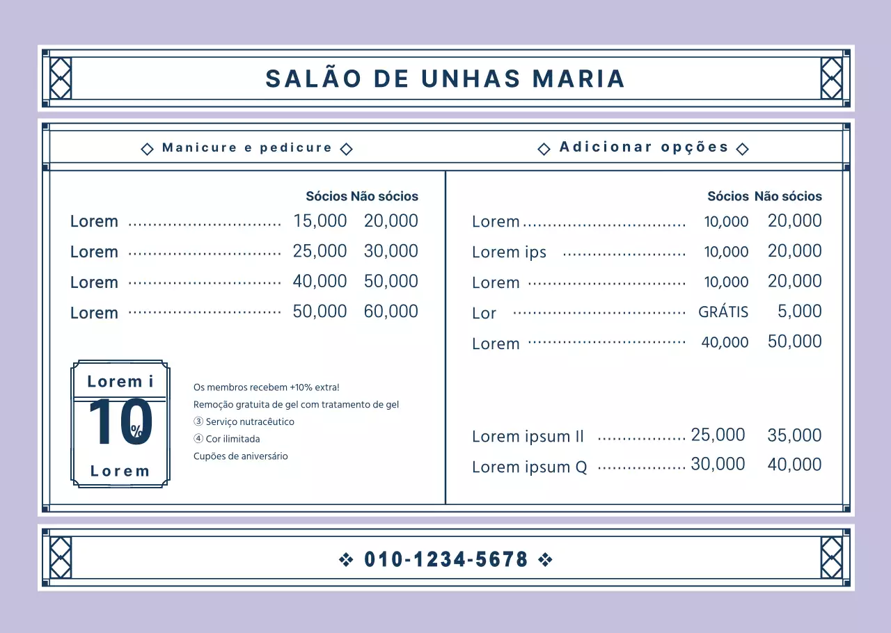 Quadro de menu de nail art numa moldura decorativa vintage