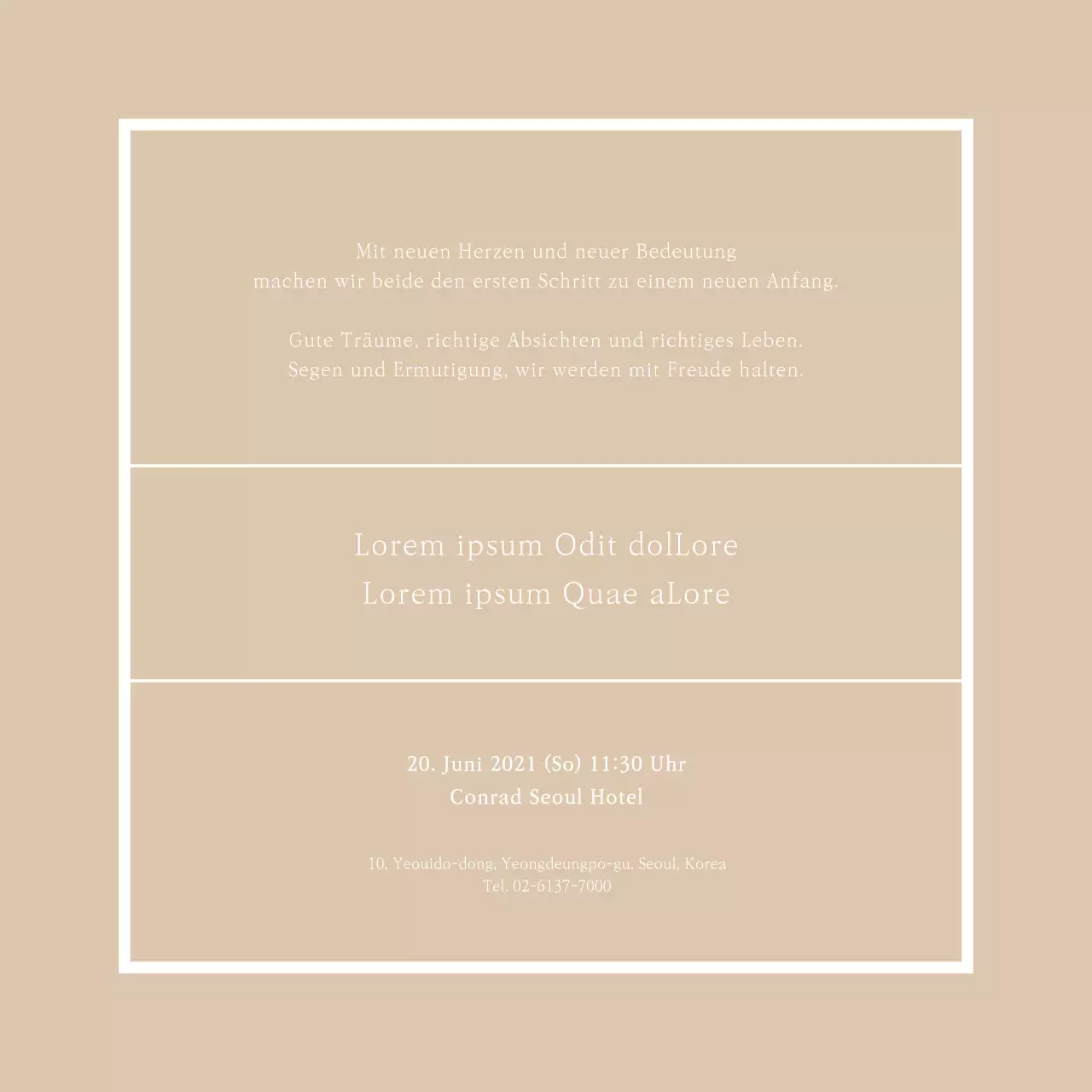 Quadratische Postkarte für die Hochzeitseinladung mit einem sauberen Look in Beigetönen