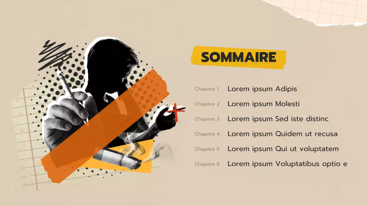 Matériel d'éducation à la désaccoutumance au tabac pour les jeunes avec un concept de collage pop art beige.