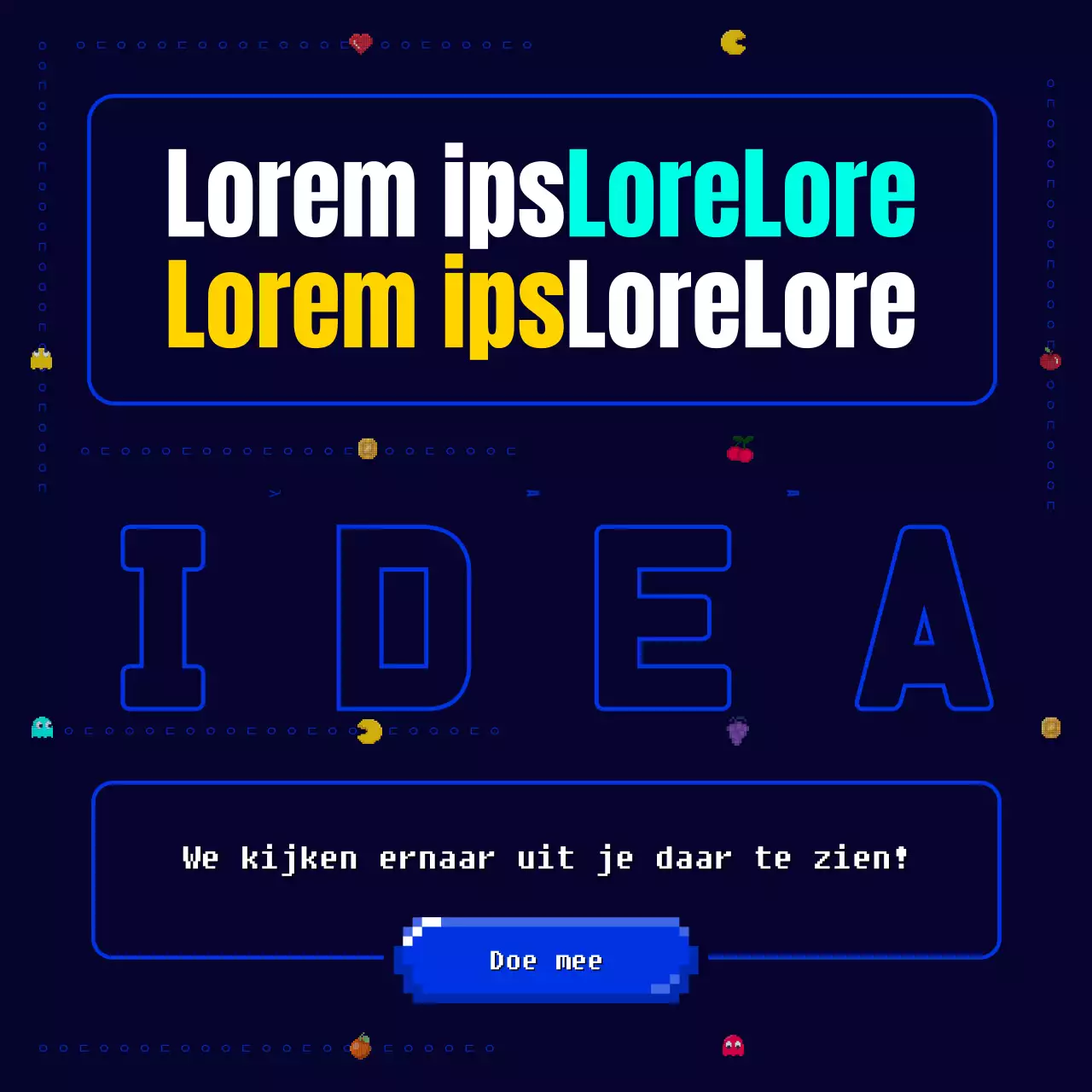 Een nieuw, leuk, retro Pac-Man pixel spel in marineblauw en geel Oproep voor nieuwe zakelijke ideeën voor een bedrijf.