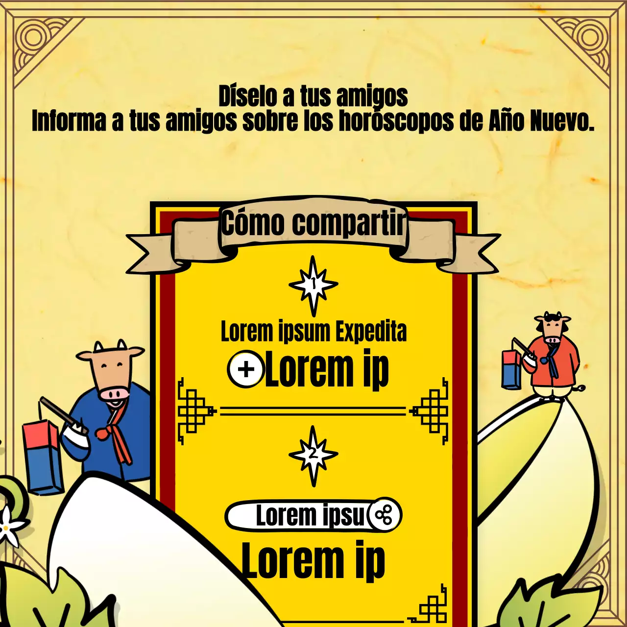 Adivinación del Año Nuevo con la tradicional ilustración del personaje de la vaca amarilla