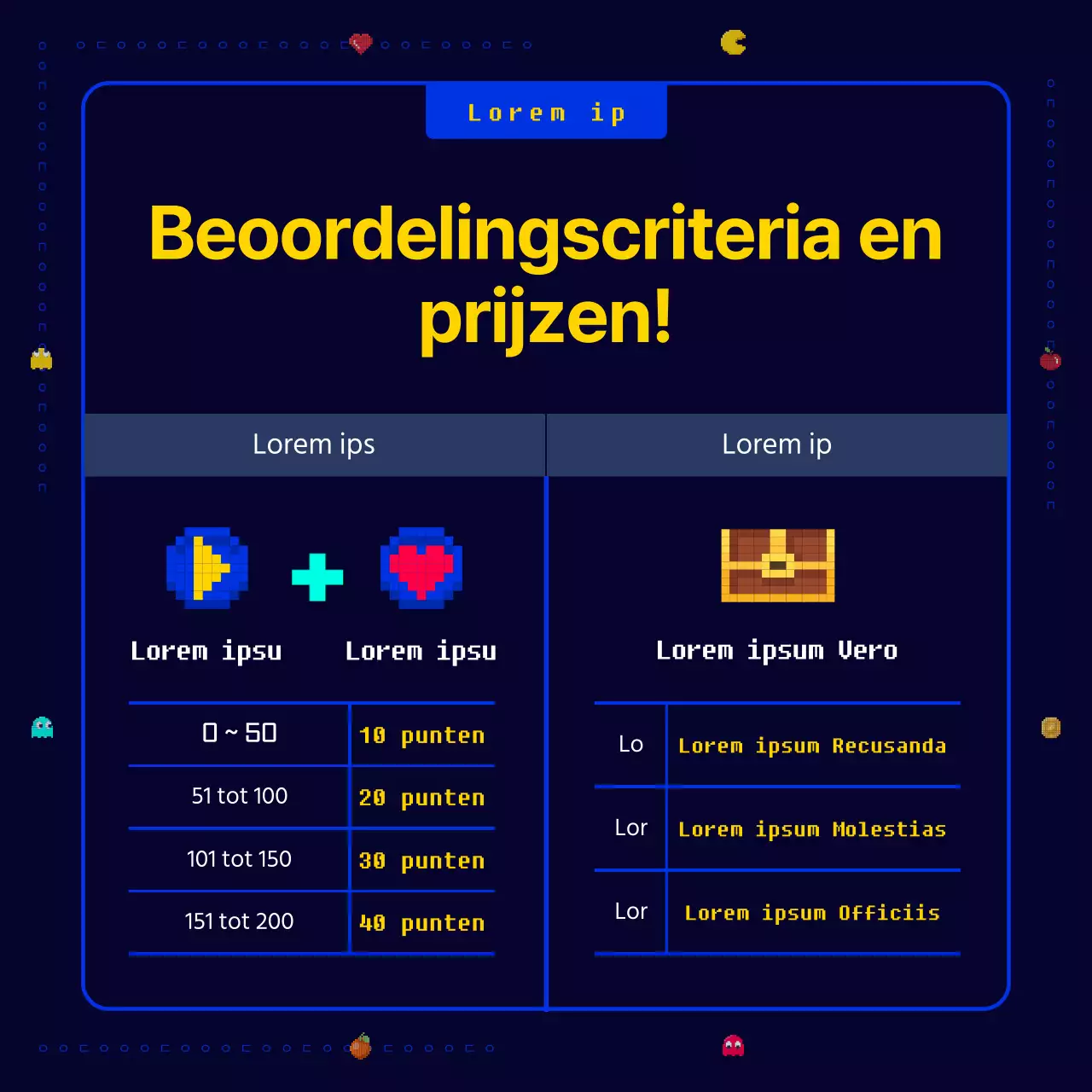 Een nieuw, leuk, retro Pac-Man pixel spel in marineblauw en geel Oproep voor nieuwe zakelijke ideeën voor een bedrijf.