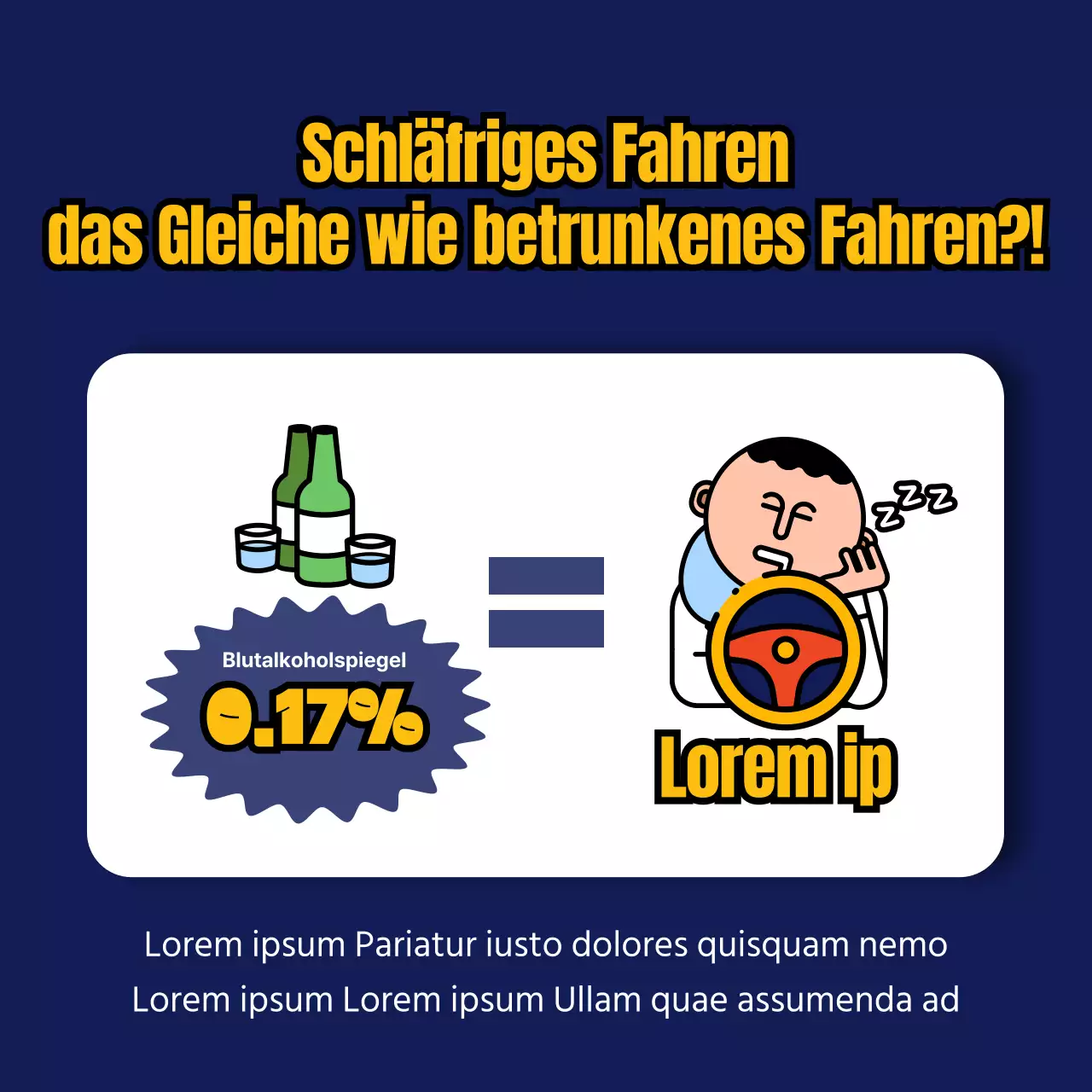 Warnhinweis bei Schläfrigkeit am Steuer mit blauem und gelbem Motiv