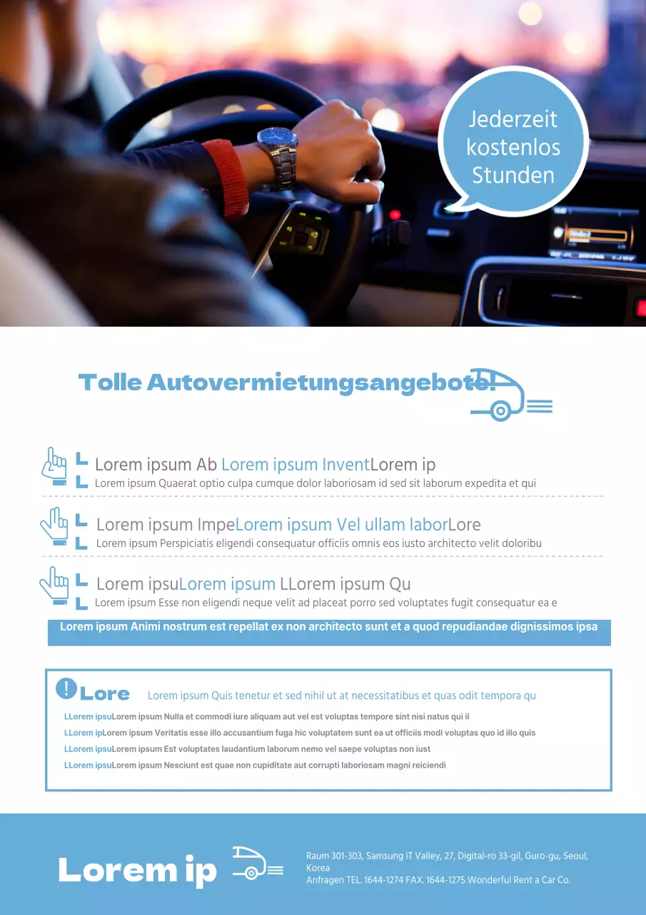 Saubere Informationen und Werbung für die Autovermietung mit einem blauen Foto des Fahrers