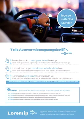 Saubere Informationen und Werbung für die Autovermietung mit einem blauen Foto des Fahrers