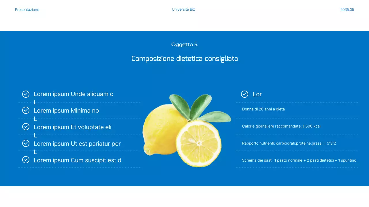 Piani nutrizionali e pasti evidenziati in foto blu e arancione