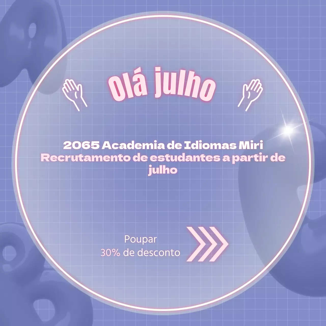 Sinais de néon roxos e cor-de-rosa para promover descontos em escolas de línguas