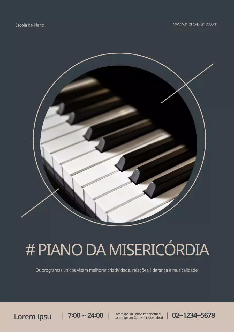 Promova uma escola de música de piano com classe com fotografias de pianos em azul-marinho e bege.