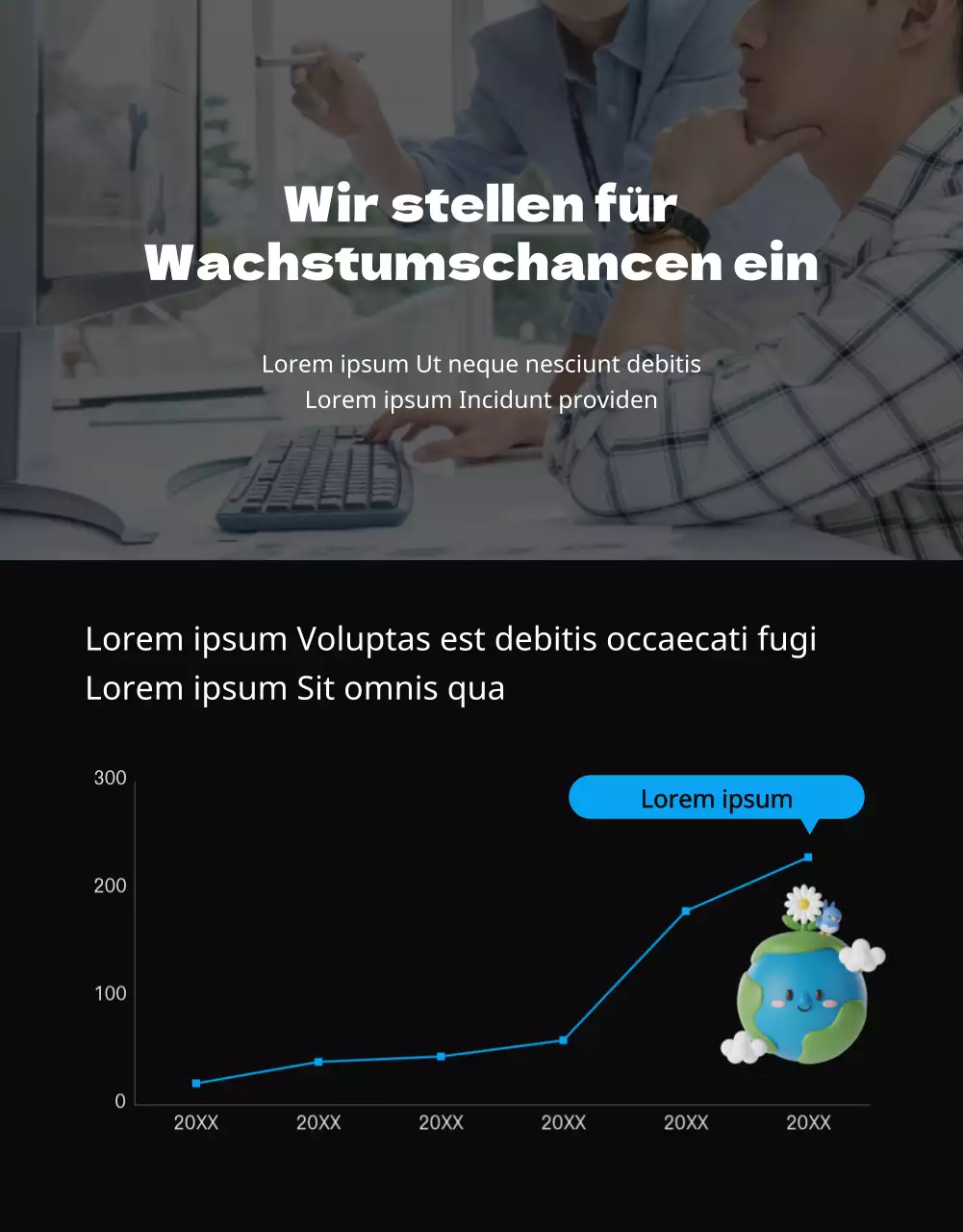 Blaues und schwarzes, einfaches und sauberes Broschürenkonzept für die Rekrutierung von Praktikanten