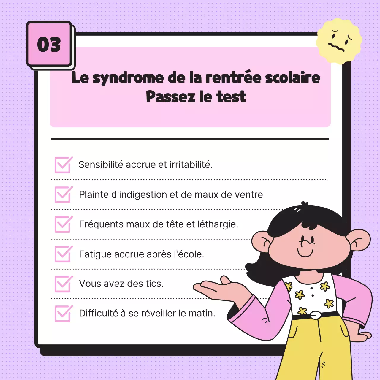 Fournir des informations sur le syndrome du nouveau semestre à l'aide d'illustrations simples aux tons pastel et d'émoticônes.