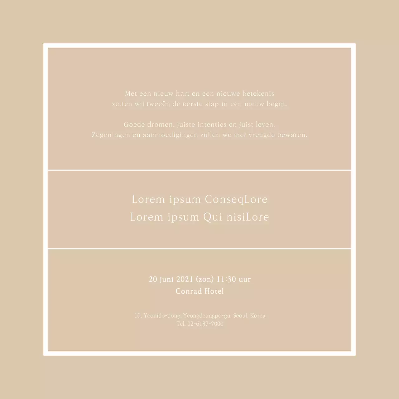 Vierkante trouwkaart met een strakke look in beige tinten