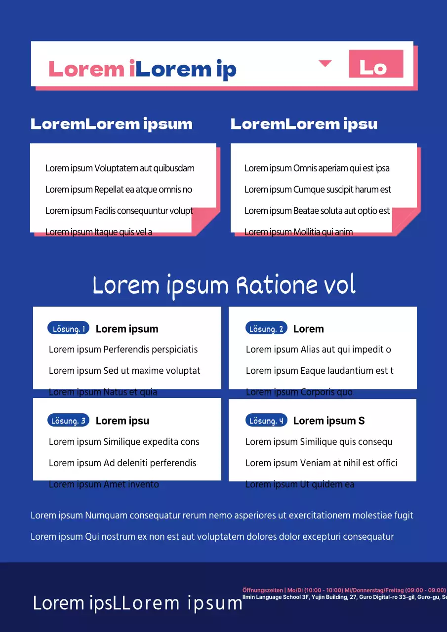 Ein klares Farbschema in Blau und Rosa mit einer englischen Schulbeschreibung