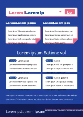 Ein klares Farbschema in Blau und Rosa mit einer englischen Schulbeschreibung