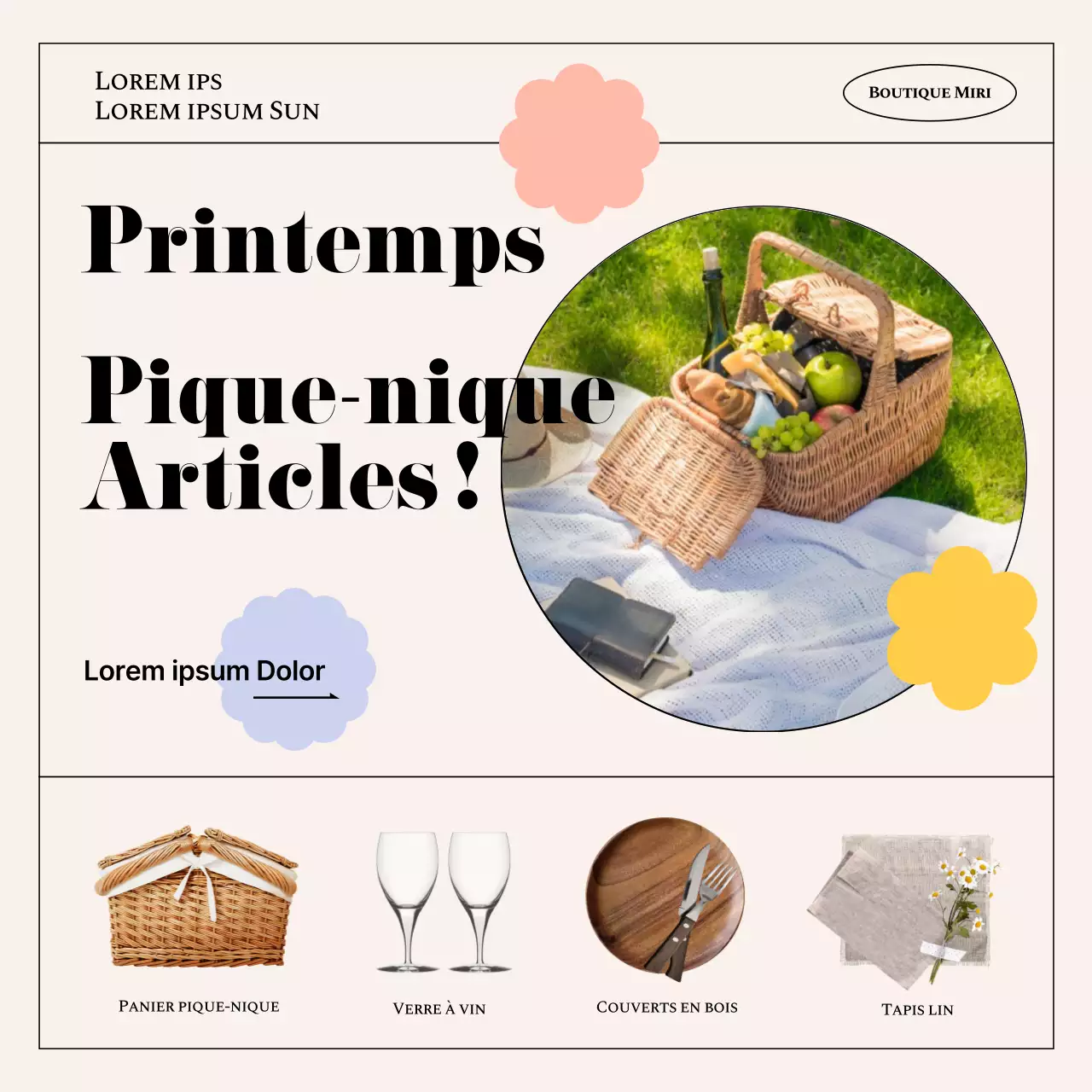 Une collection de sets de pique-nique printaniers mis en valeur par des couleurs et des cadres pastels