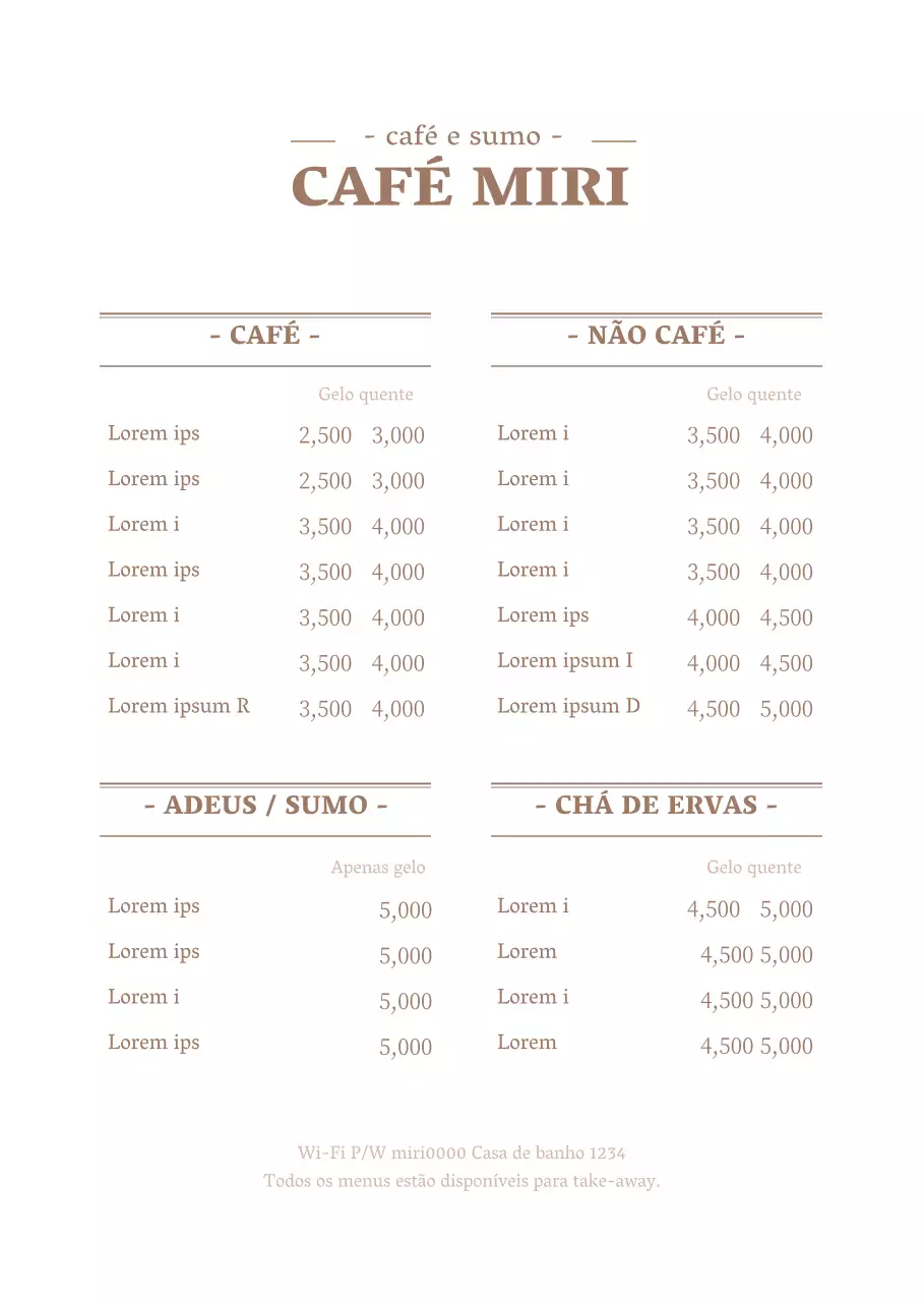 Um conceito de menu de café limpo, branco e castanho, com uma lista de preços.