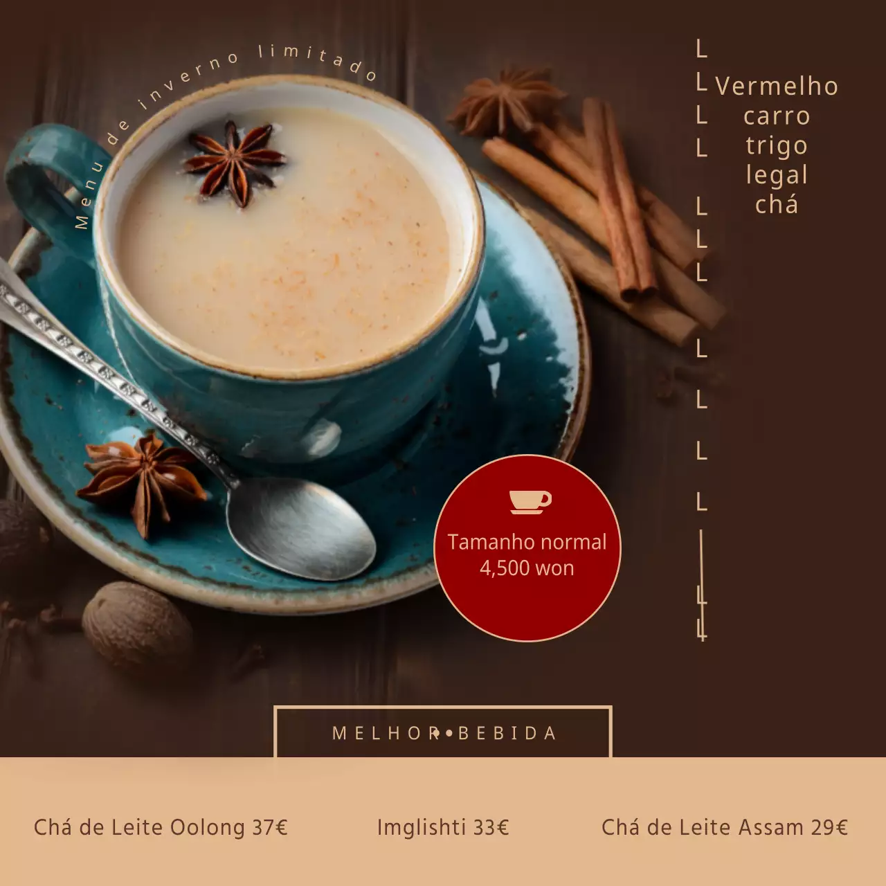 Um menu de café elegante com um serviço de chá sentimental em bege e vermelho.