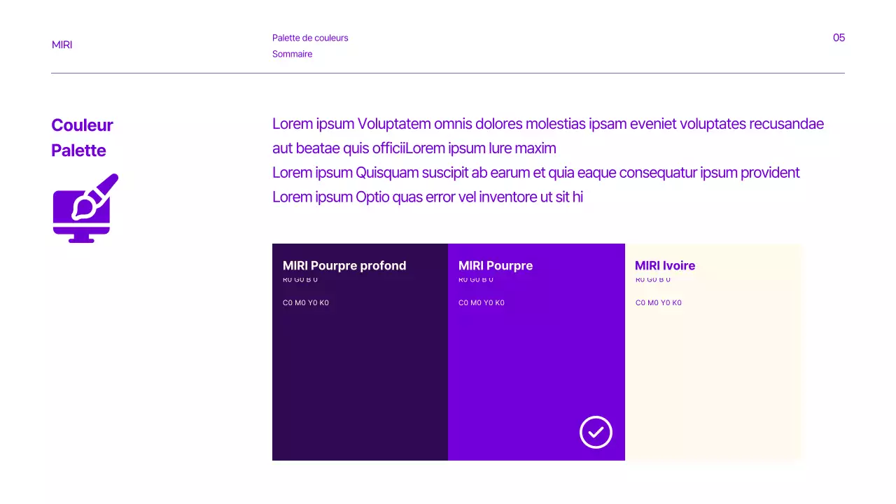 Lignes directrices de la marque avec des accents de texte propres en violet et en citron