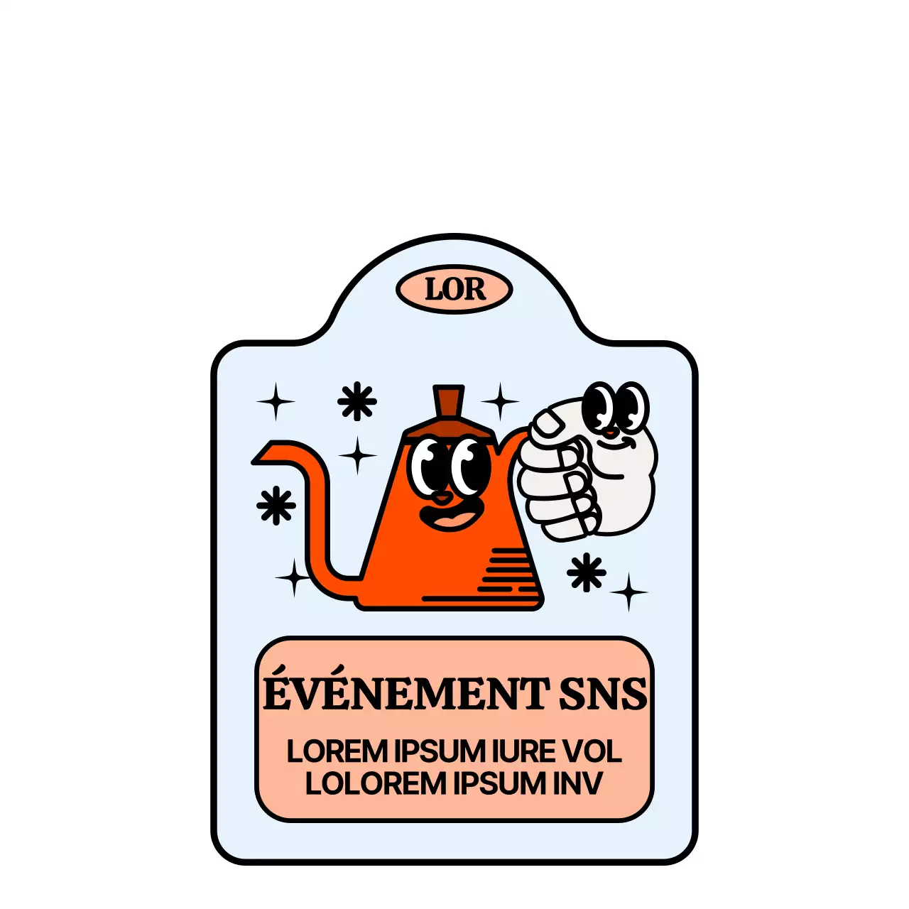 Annonce d'un événement dans les médias sociaux avec un personnage de cafetière mignon et branché en rouge et bleu clair