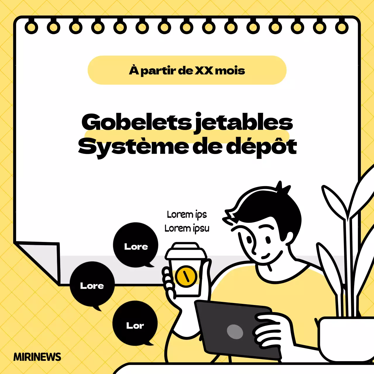 Illustration en jaune et noir du système de consigne des gobelets jetables