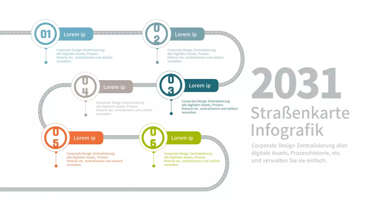 Einfache, mehrfarbige Infografik zum Unternehmensfahrplan