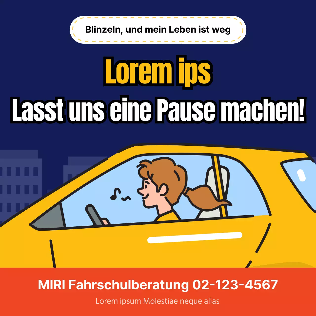 Warnhinweis bei Schläfrigkeit am Steuer mit blauem und gelbem Motiv