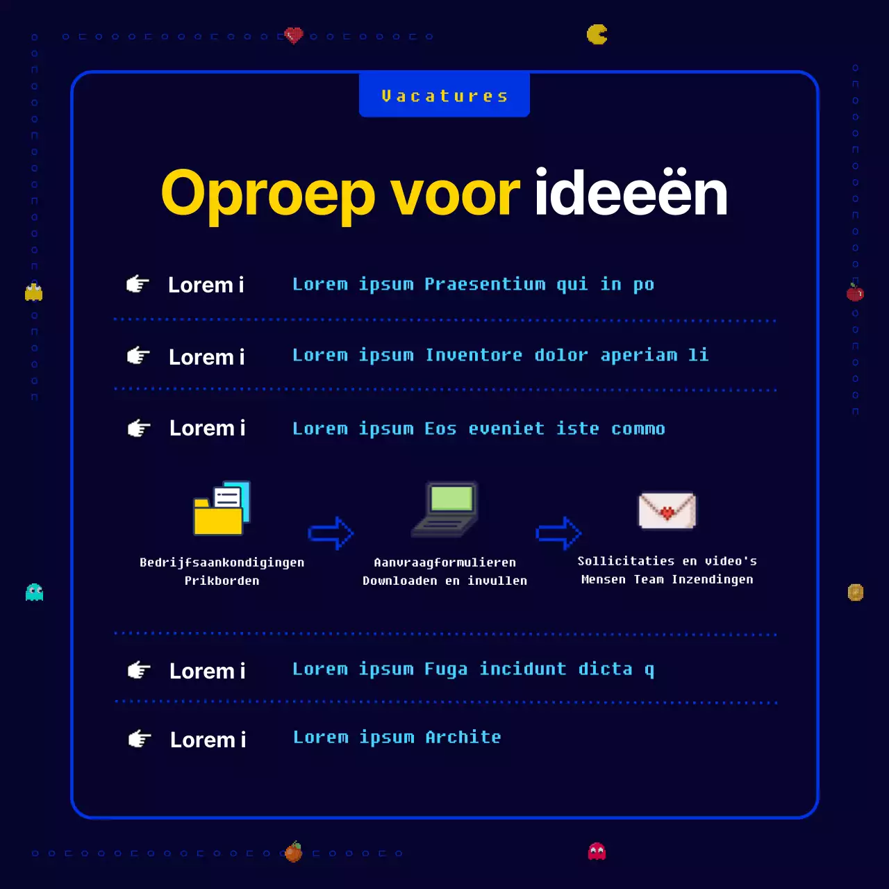 Een nieuw, leuk, retro Pac-Man pixel spel in marineblauw en geel Oproep voor nieuwe zakelijke ideeën voor een bedrijf.