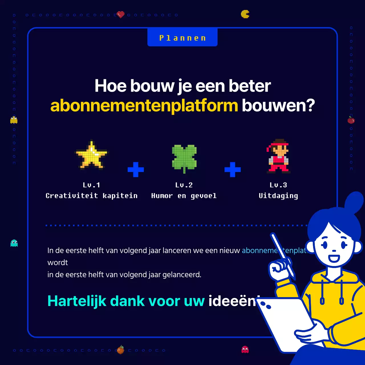 Een nieuw, leuk, retro Pac-Man pixel spel in marineblauw en geel Oproep voor nieuwe zakelijke ideeën voor een bedrijf.