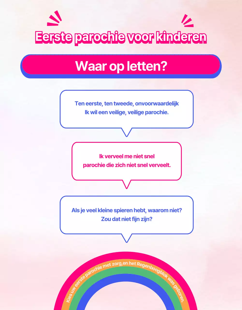 Kleurrijk, met regenboog geïllustreerd promotiemateriaal voor de kinderparochie