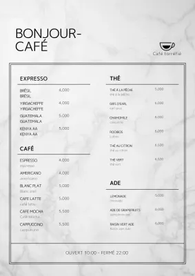 Menu vertical de café avec concept de marbre