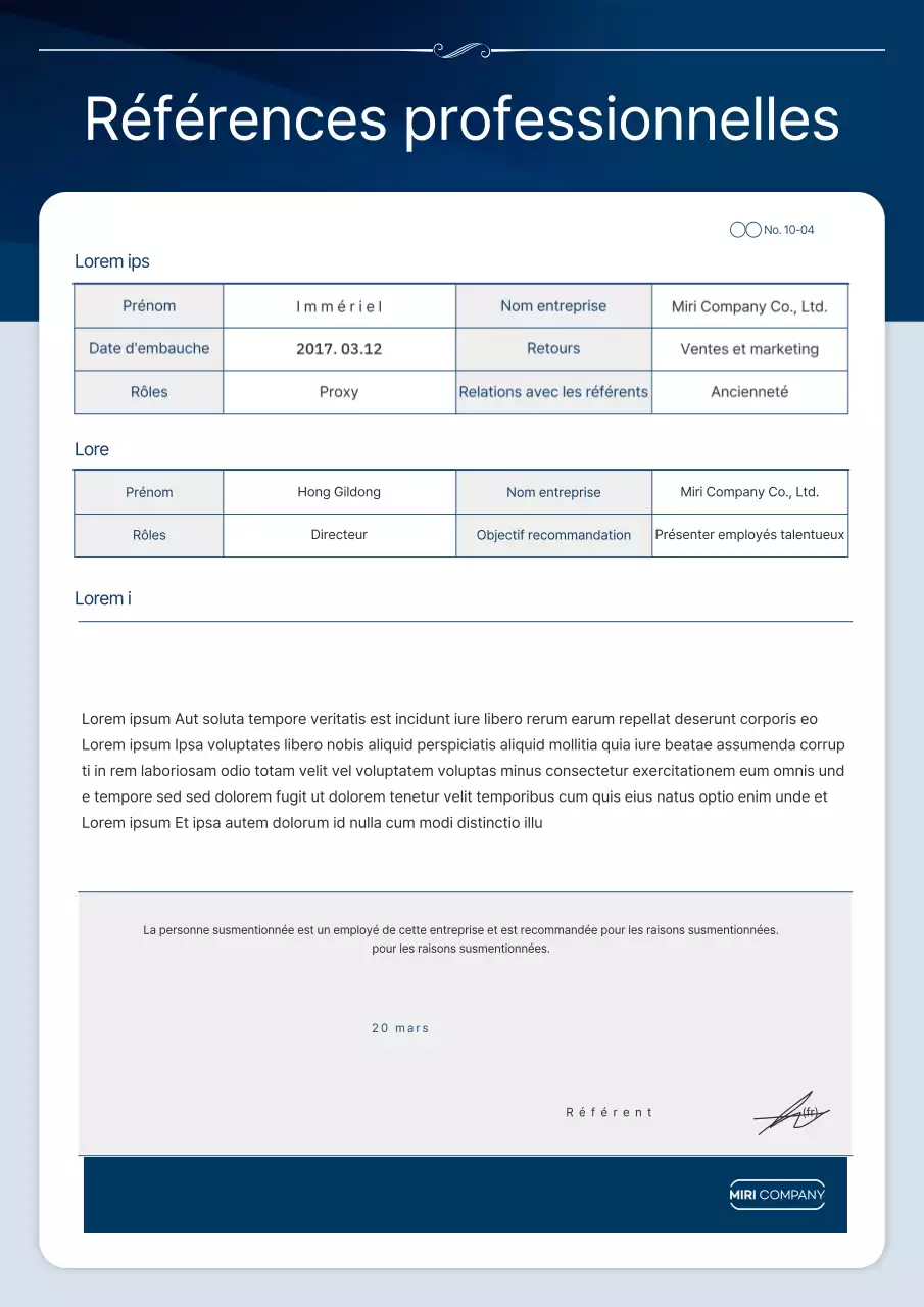 Lettre de recommandation bleu marine, soignée et ordonnée