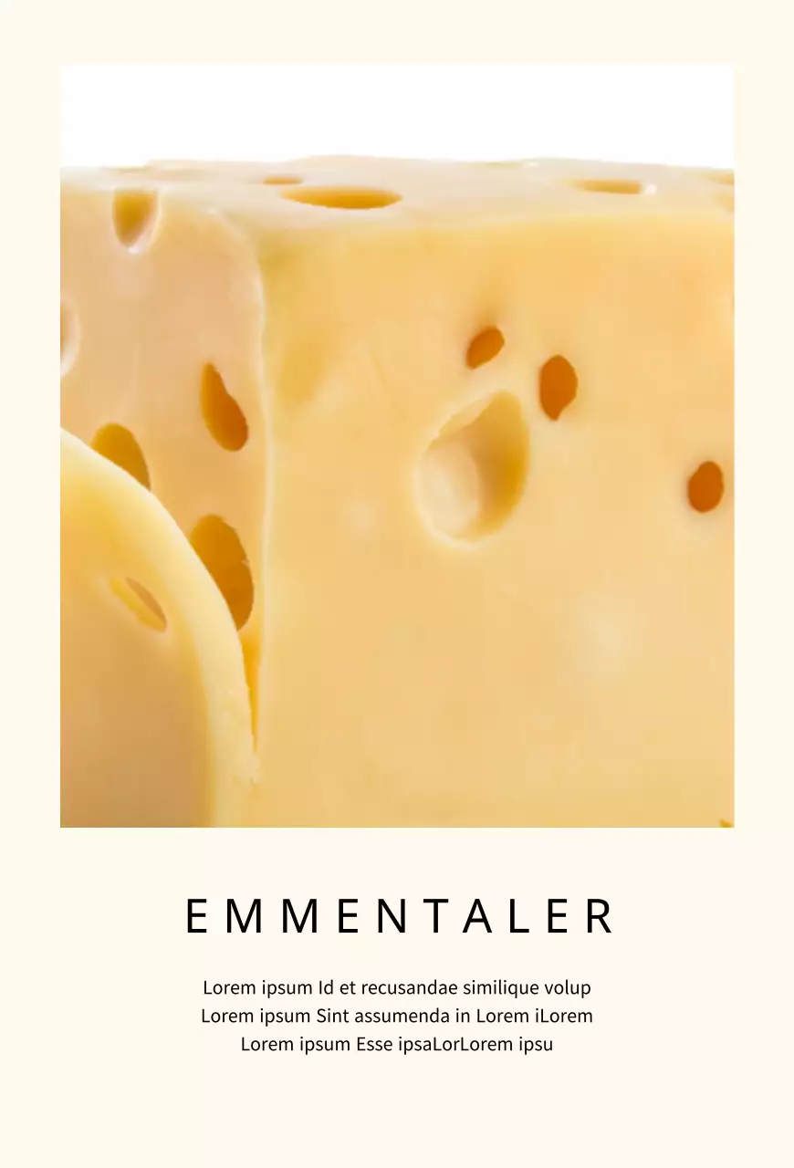 Beschreibung der Käsemarke auf einem einfachen pastellfarbenen Hintergrund