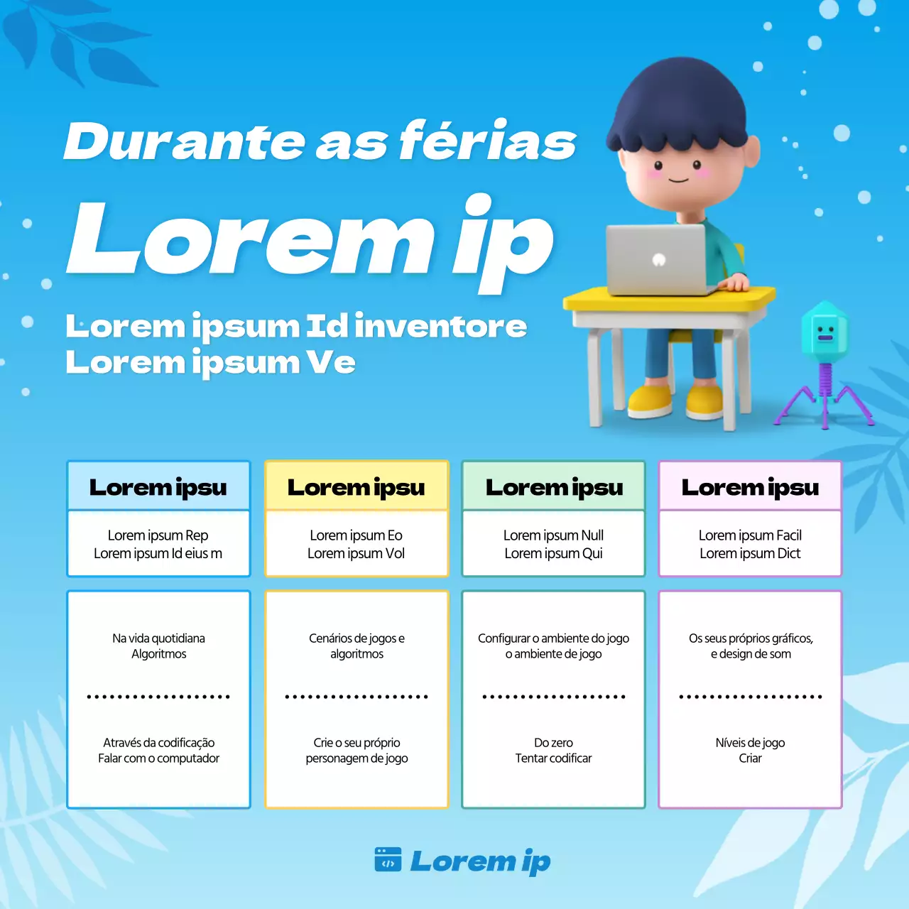 Curso intensivo de verão de codificação de jogos para alunos do ensino básico com conceitos ilustrados em 3D e em tons de azul