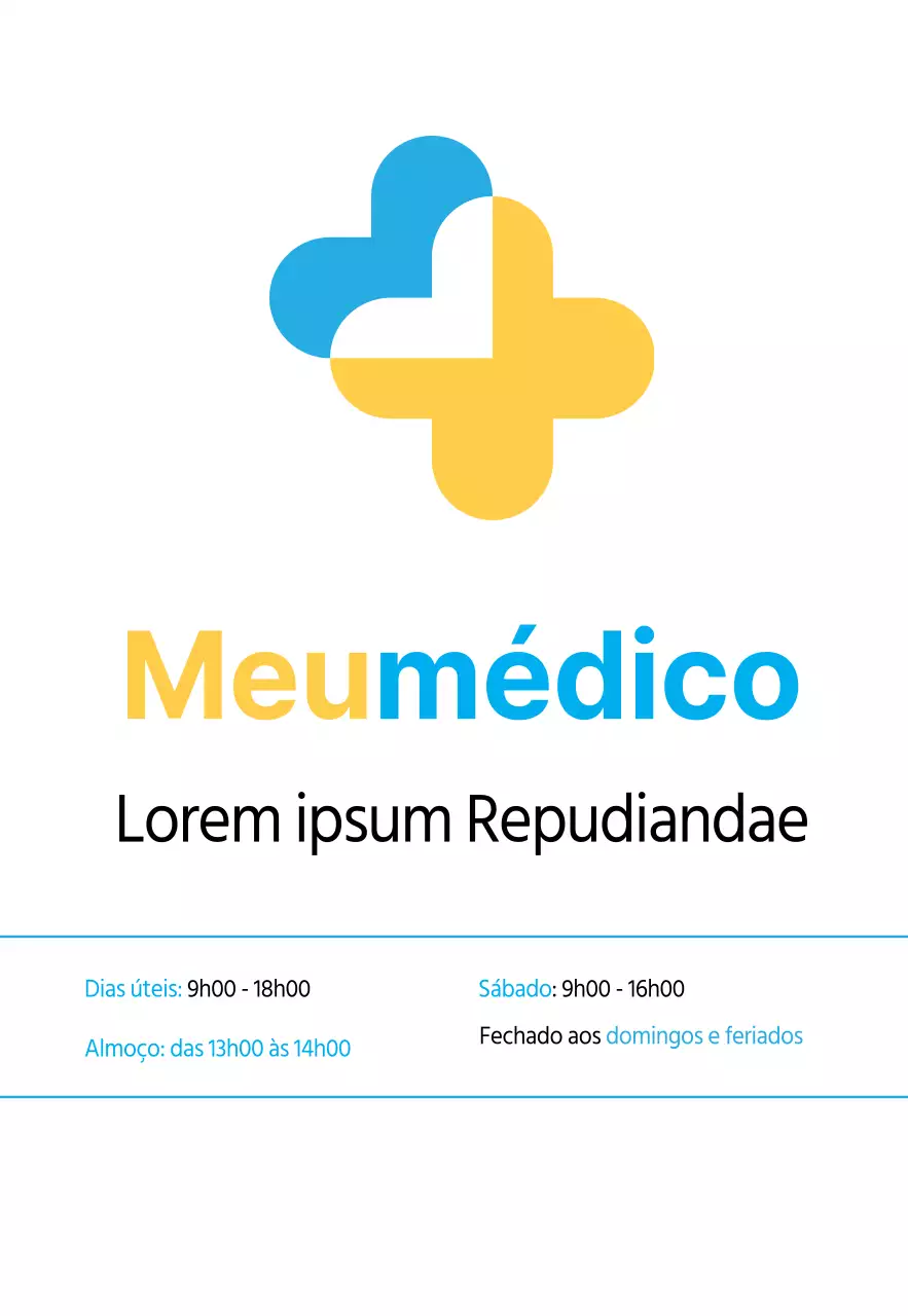 Uma clínica de medicina interna azul e amarela, com linhas simples