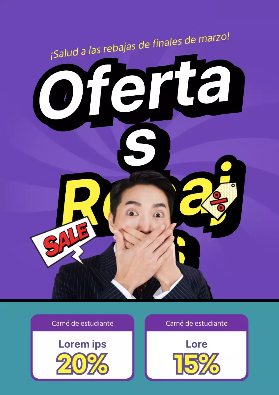Folleto sencillo de rebajas en un centro comercial en morado y amarillo
