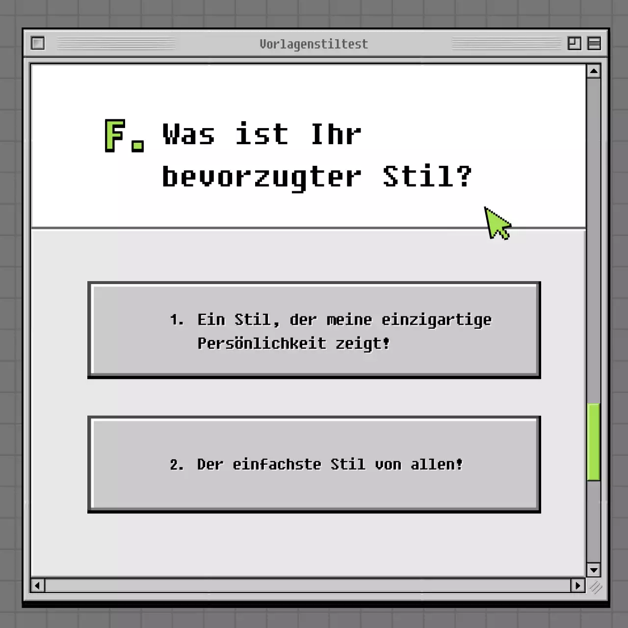 Retro-Browser-Konzept Psychologie-Test in Grau und Grün