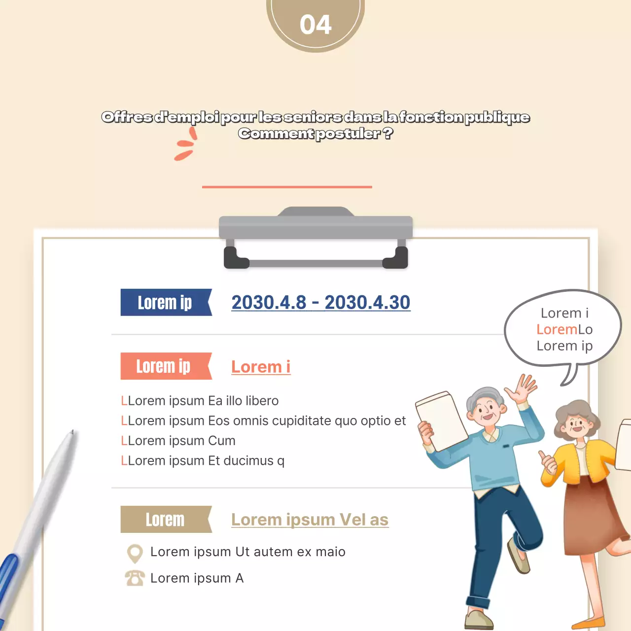 Beige illustration concept travail public personnes âgées emploi recrutement cardNews