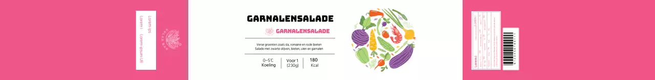 Witte en roze geïllustreerde garnalensalade label