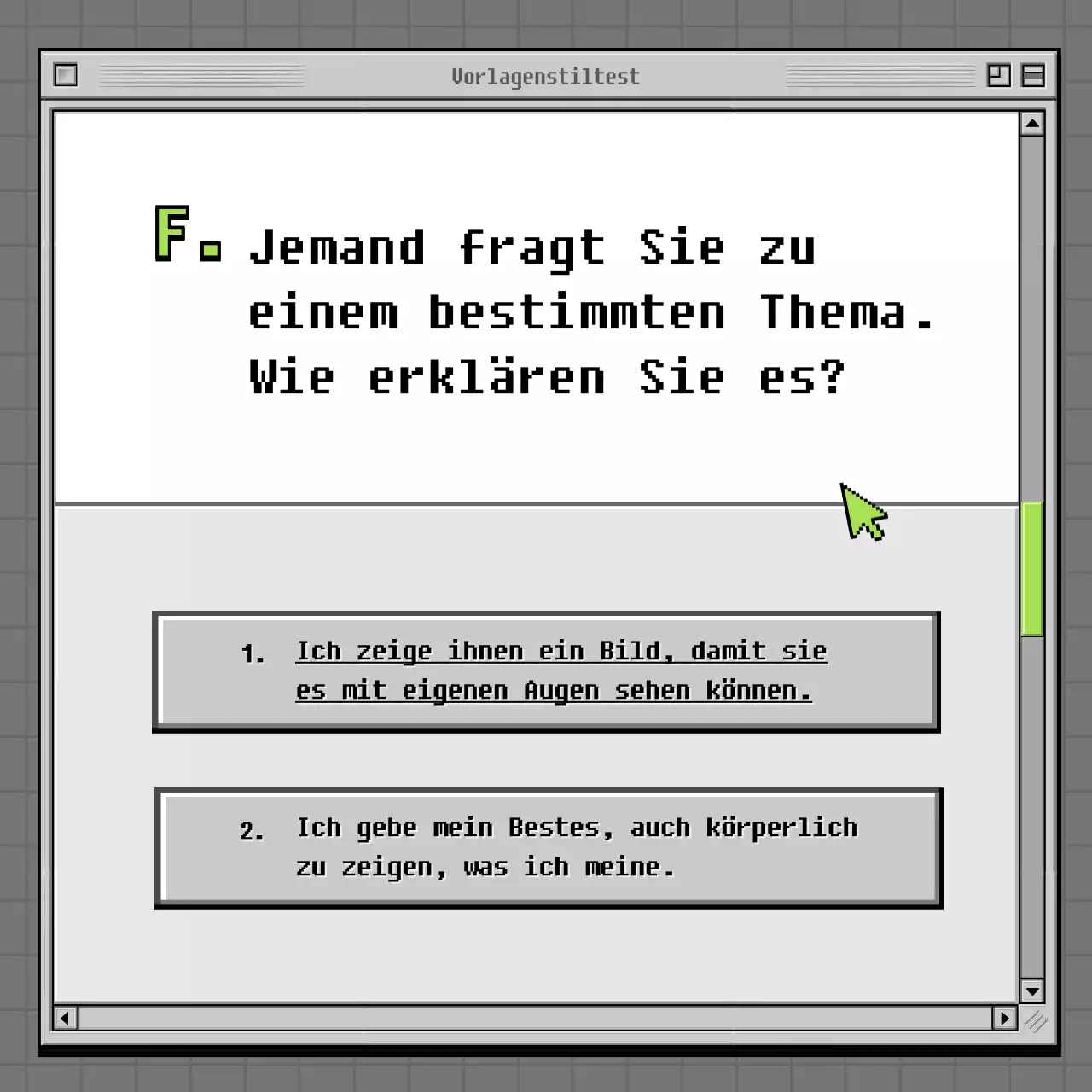 Retro-Browser-Konzept Psychologie-Test in Grau und Grün