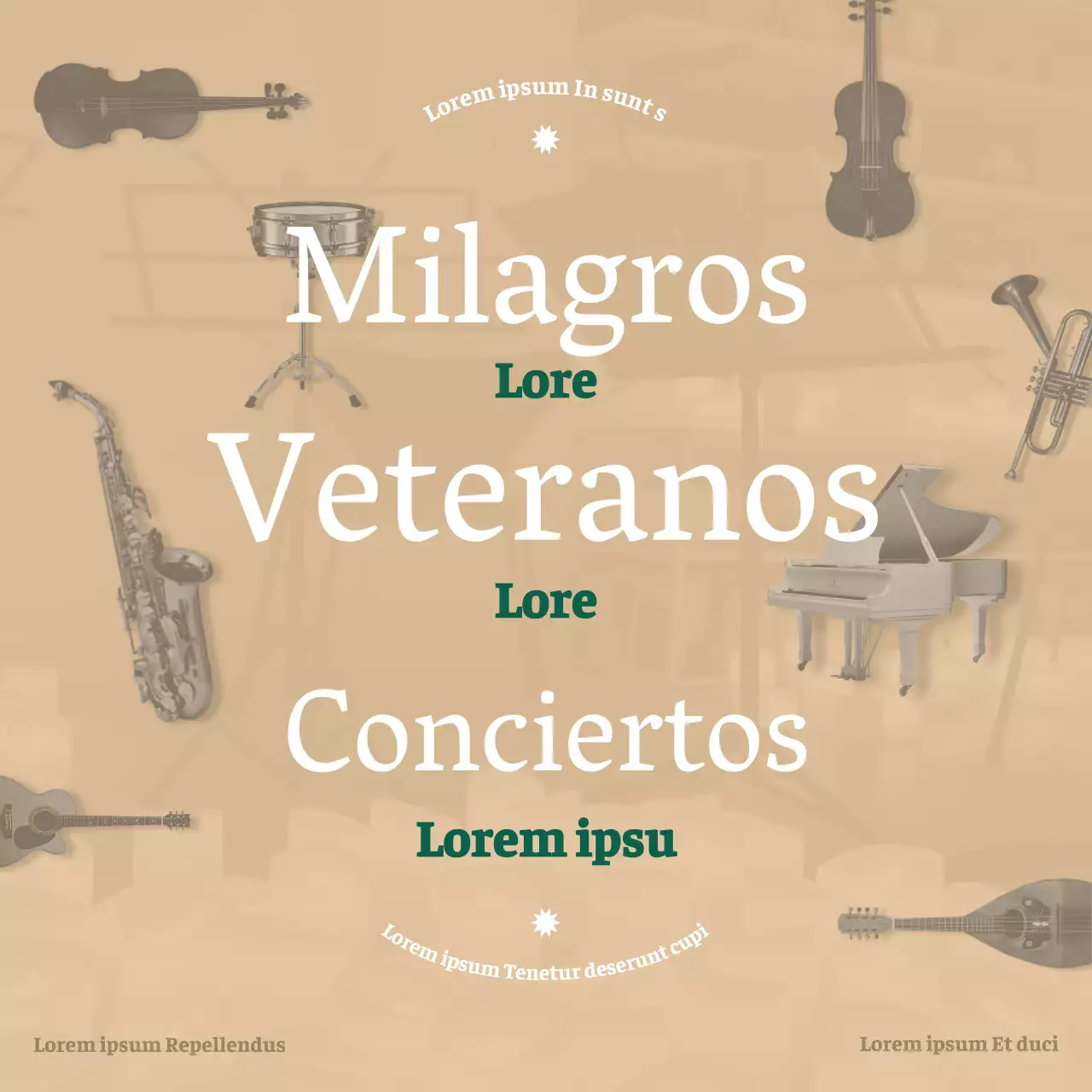 Un limpio anuncio de concierto orquestal en fuente serif con lujosos tonos beige y verde oscuro