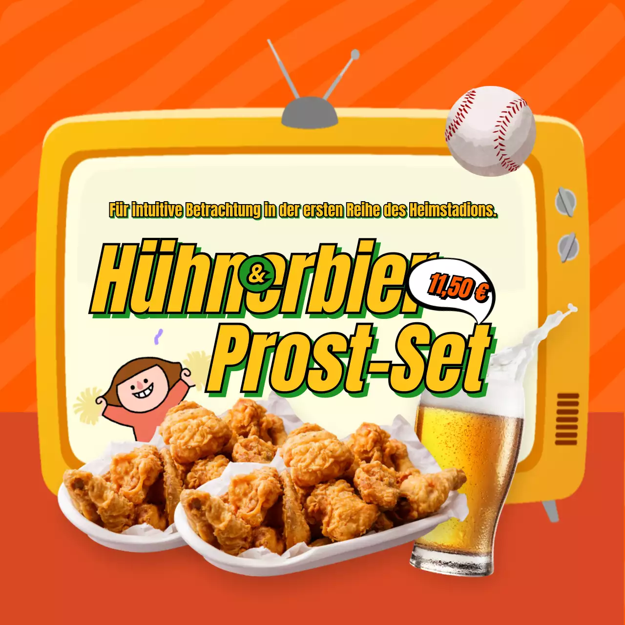 Werben Sie für ein süßes Baseball-Jubel-Set in Gelb und Orange