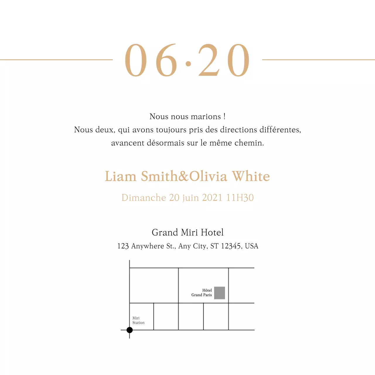 Carte postale carrée d'invitation au mariage avec photo de la date de mariage, au look épuré